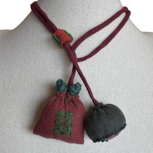 Linen Fabric Lotus Flower Pendant Handmade Embroidered Money Bag Style Necklace
